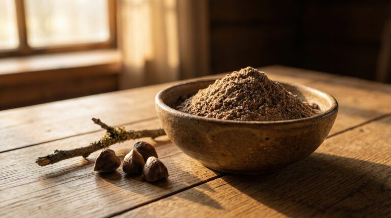 Dunkelbraunes Buchweizenmehl in Keramikschale auf Eichenholzbrett mit Buchweizenkörner