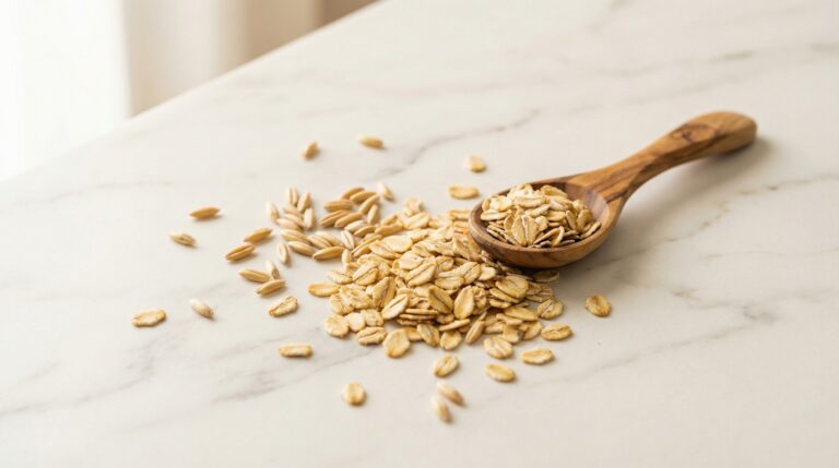 Glutenfreie Haferflocken mit Holzlöffel auf weißem Marmorhintergrund