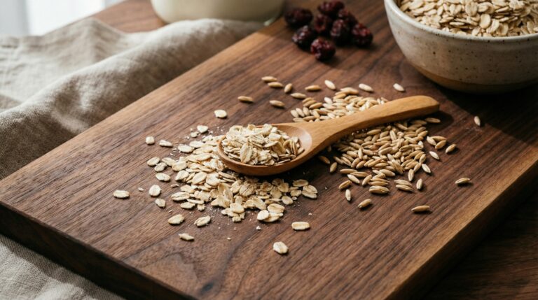 Haferflocken und rohe Haferkörner auf Holzlöffel auf dunklem Walnussholzbrett — glutenfreier Hafer