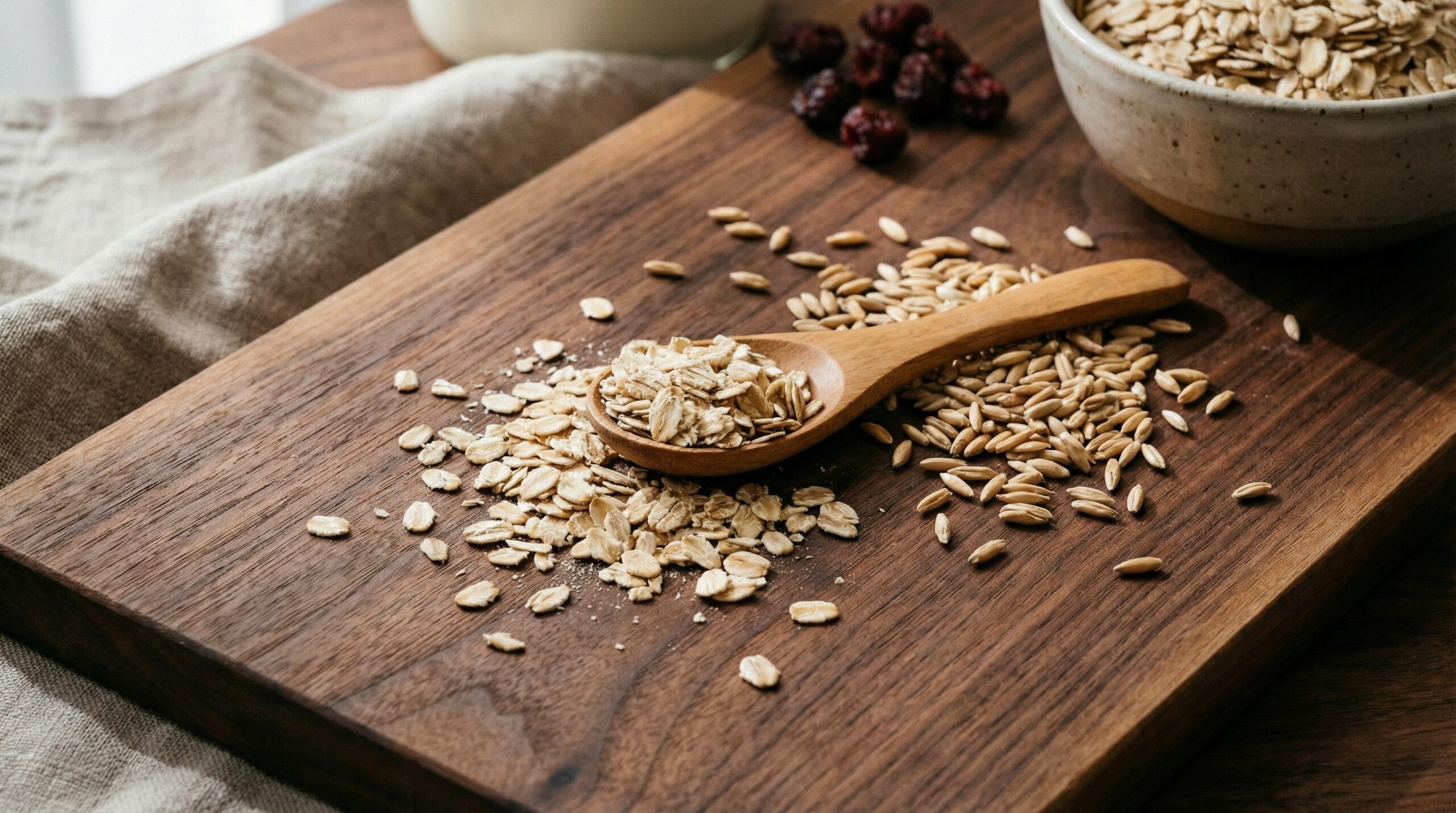 Haferflocken und rohe Haferkörner auf Holzlöffel auf dunklem Walnussholzbrett — glutenfreier Hafer