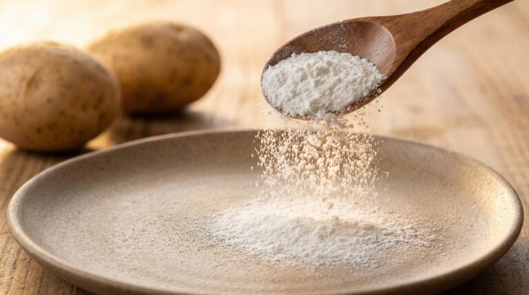 Weißes Kartoffelstärkepulver rieselt aus Holzlöffel auf Tonplatte — glutenfreies Bindemittel