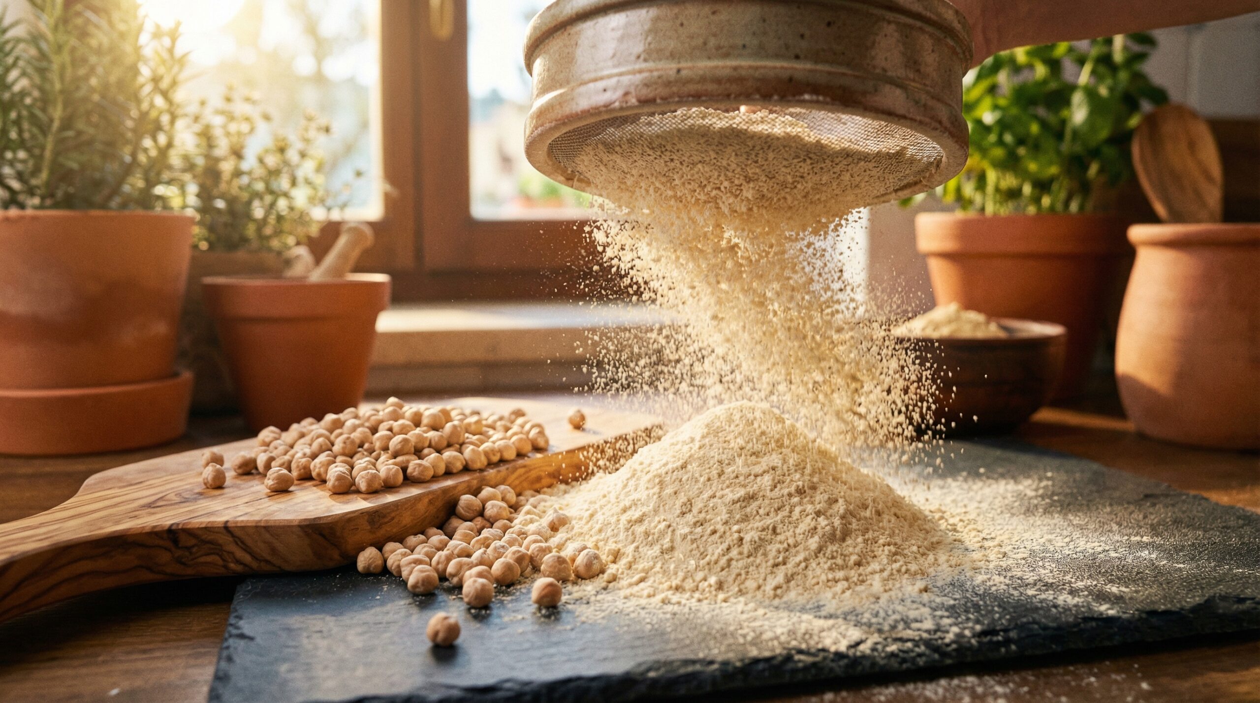 Hellbeiges Kichererbsenmehl in Keramikschale auf Olivenholzbrett mit trockenen Kichererbsen