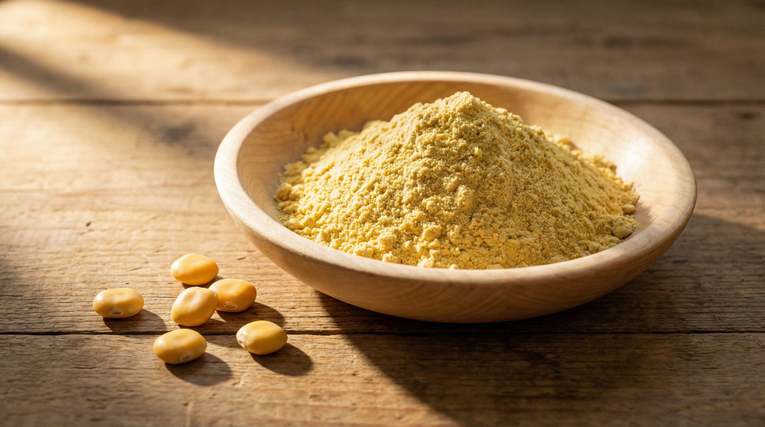 Gelbliches Lupinenmehl in Holzschüssel aus Ahornholz mit Lupinensamen — glutenfrei und proteinreich
