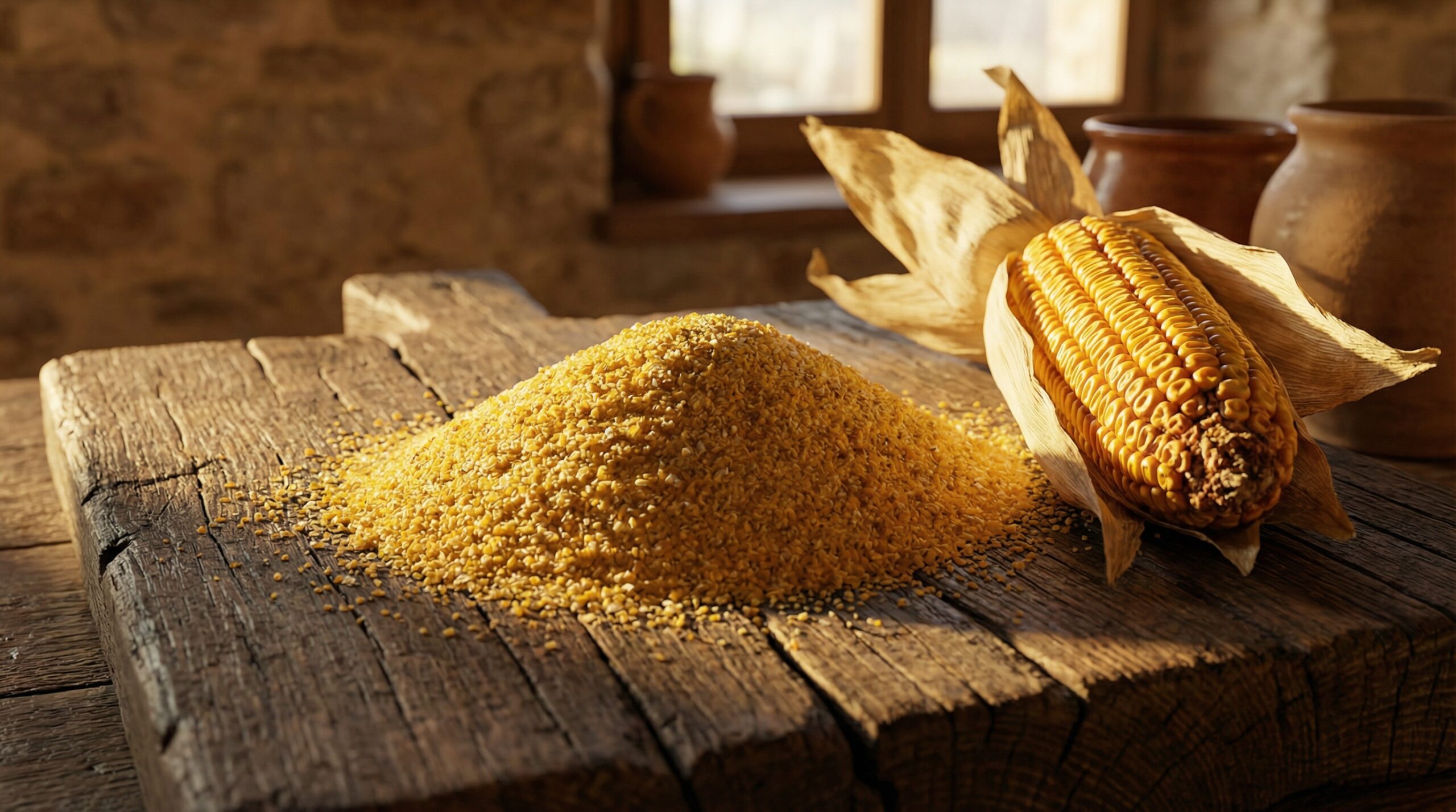 Goldgelbes Maismehl auf rustikalem Holzbrett neben einem trockenen Maiskolben — glutenfrei und vielseitig verwendbar