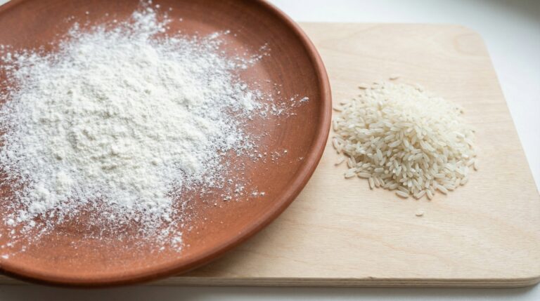 Weißes Reismehl auf Terrakotta-Oberfläche mit Reiskörnern auf hellem Birkenholz