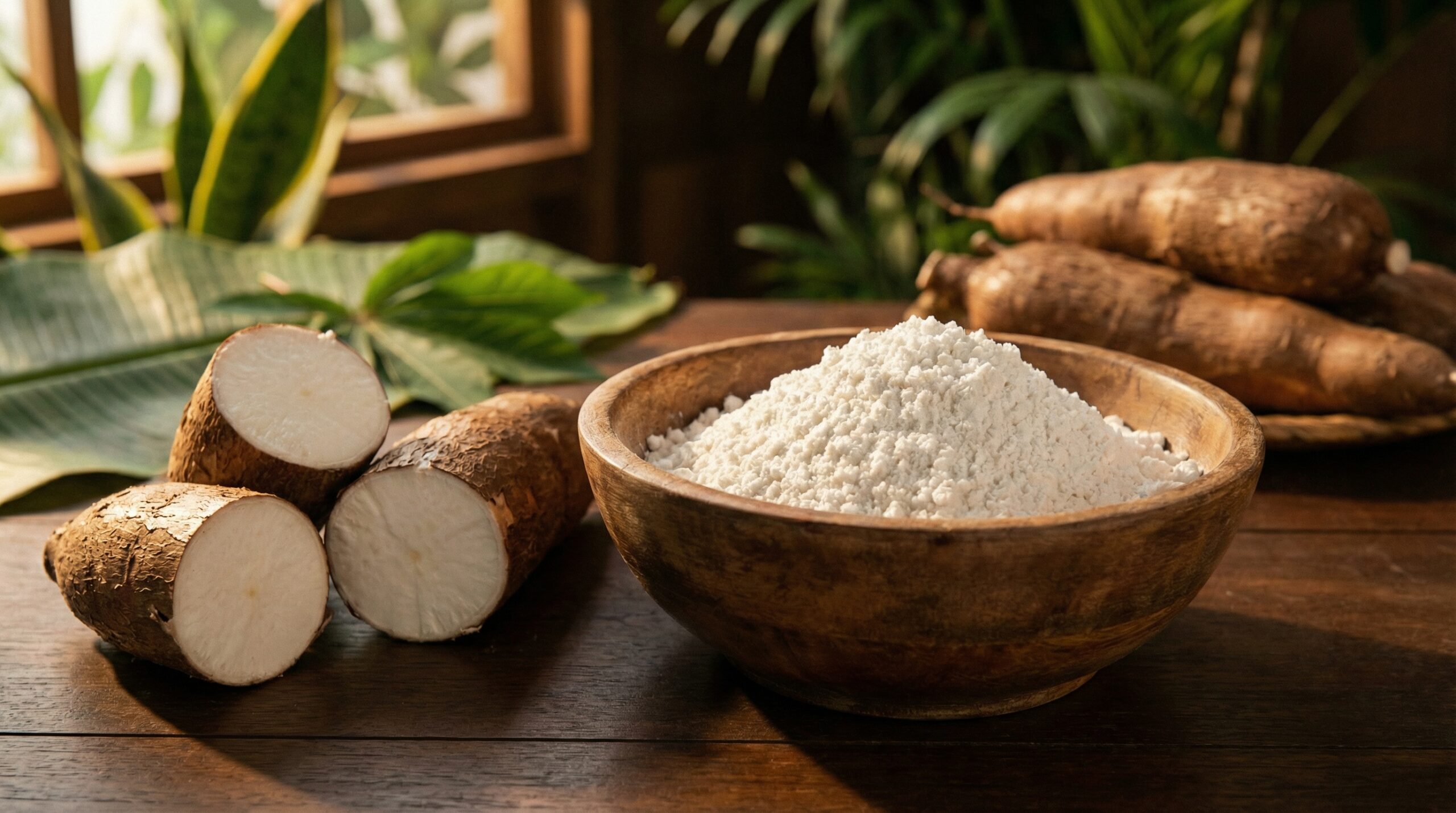 Schneeweiße Tapiokastärke in Holzschüssel neben angeschnittenen Maniokknollen auf Teakholz