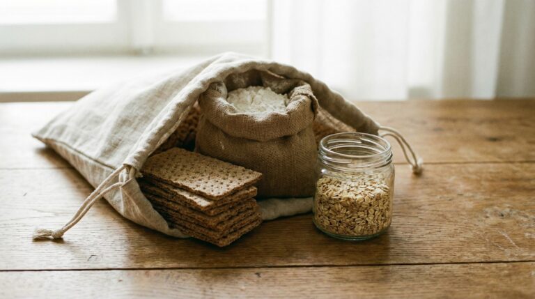 Leinentasche mit glutenfreien Lebensmitteln — Reismehl, Cracker, Haferflocken — auf warmem Eichenholztisch