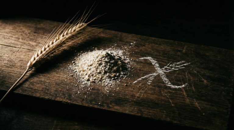 Weizenähre und Weizenmehl auf dunklem Holzbrett — Symbol für Zöliakie und Glutenunverträglichkeit