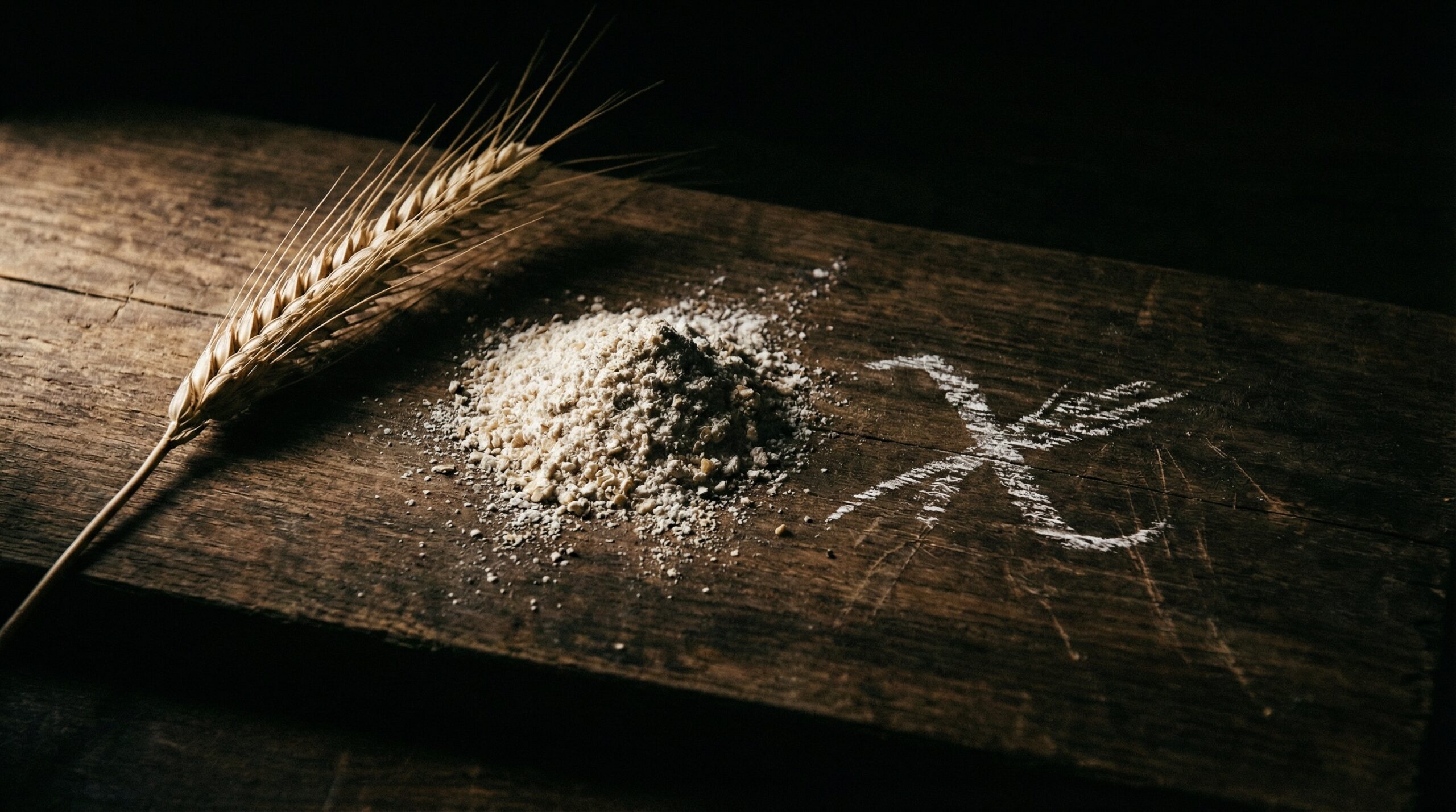 Weizenähre und Weizenmehl auf dunklem Holzbrett — Symbol für Zöliakie und Glutenunverträglichkeit